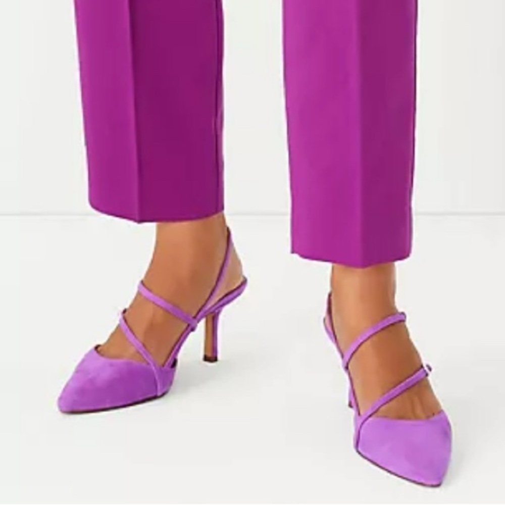 ANN TAYLOR Strappy Asymmetrical Suede Pumps Heels In Neon Fuchsia Size US 6.5
